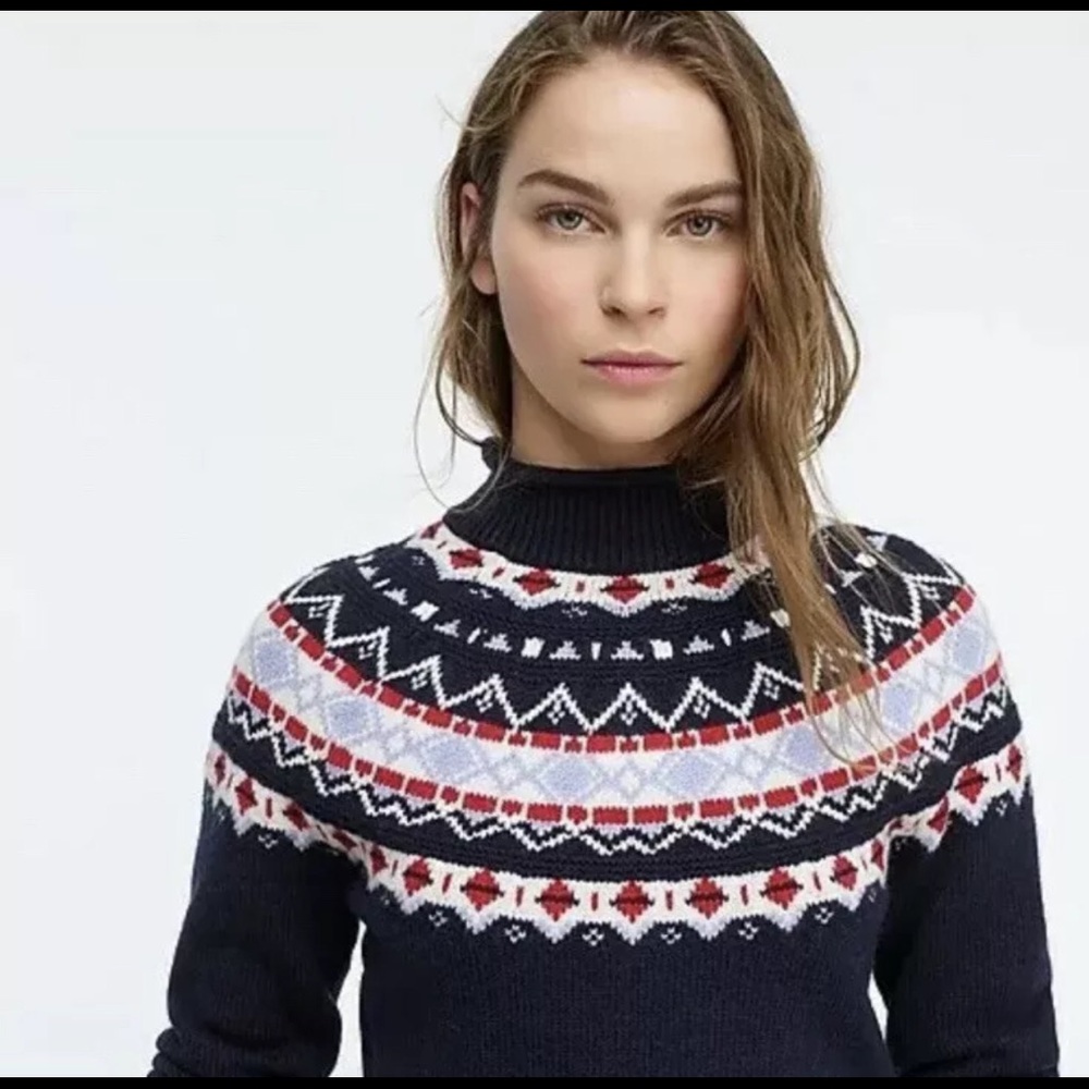 J. Crew Navy Fair Isle Turtleneck Sweater with Red and White Accents